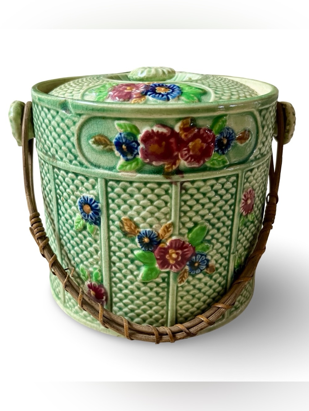 Antique 1930s Made in Japan Green Floral Ceramic Biscuit Jar with Rattan Handle